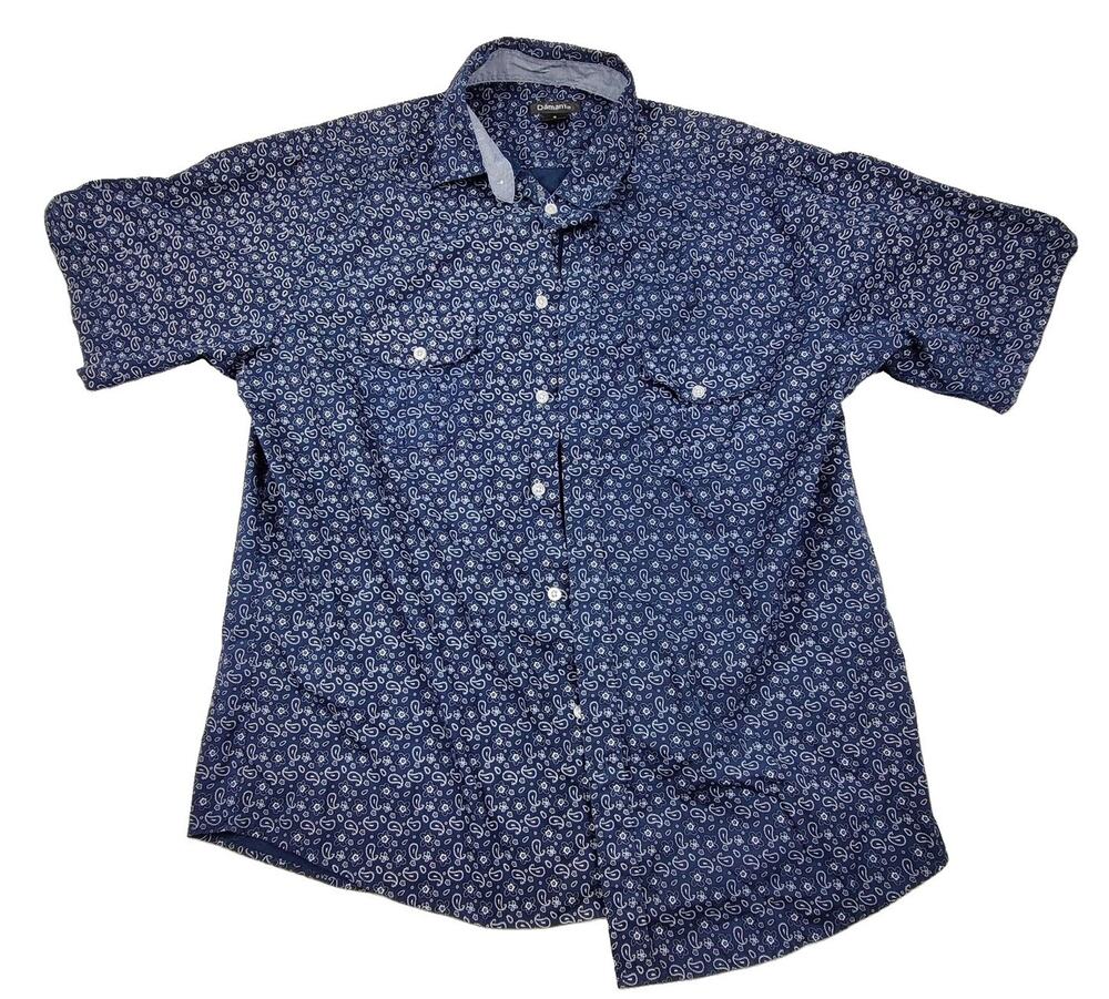 Dámante Shirt Mens XL Blue Paisley Short Sleeve Button Up Pockets Casual Woven